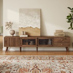 76 Modern Minimal Glass-Doors TV Stand For TVs Up To 85 Inches, Wood-Grain Entertainment Center With Storage Cabinets, TV Media Console Table For Livi