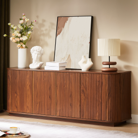 Sideboard Storage Cabinet TV Stand With Wave Pattern Buffet Cabinet Wooden Vertical Striped Cabinet For Kitchen Bedroom Entryway. Walnut, 64W X 15D X