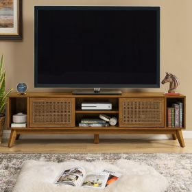67.9 Inch Mid Century Modern Rattan TV Stand For TVs Up To 75, Entertainment Cabinet, Media Console For Living Room Media Room, Solid Wood Feet & Ratt
