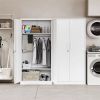 White Metal Locking Wardrobe Armoire Cabinet with Clothing Hanging Rod
