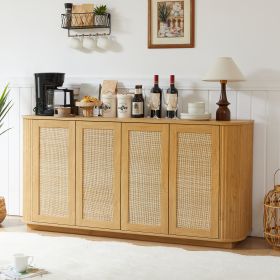 64-inch Wave Shaped TV Stand, Rounded Corner Sideboard, Storage Cabinet, Buffet, Wood Vertical Striped Cabinet With Rattan Doors For Kitchen Bedroom E (Option: Natural)